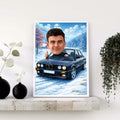 Tematska karikatura muškarca u BMW automobilu na snegu
