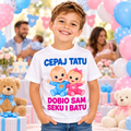 Dečak u beloj majici Cepaj tatu dobio sam seku i batu, plavo-roze baloni i proslava prinove