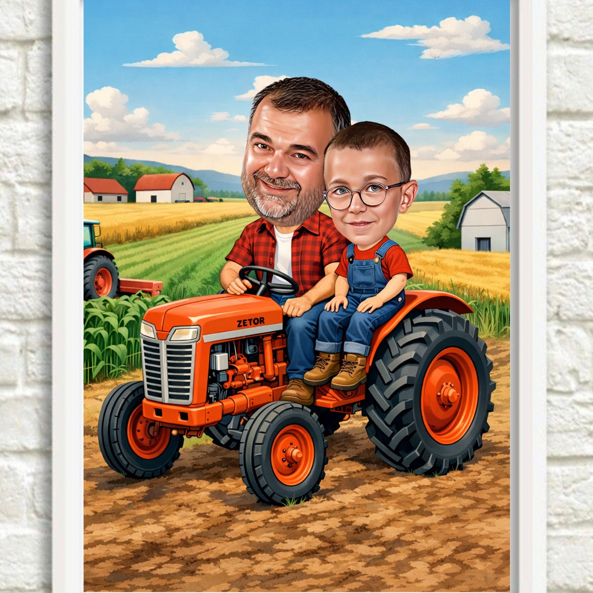 Tematska karikatura deke i unuka na traktoru