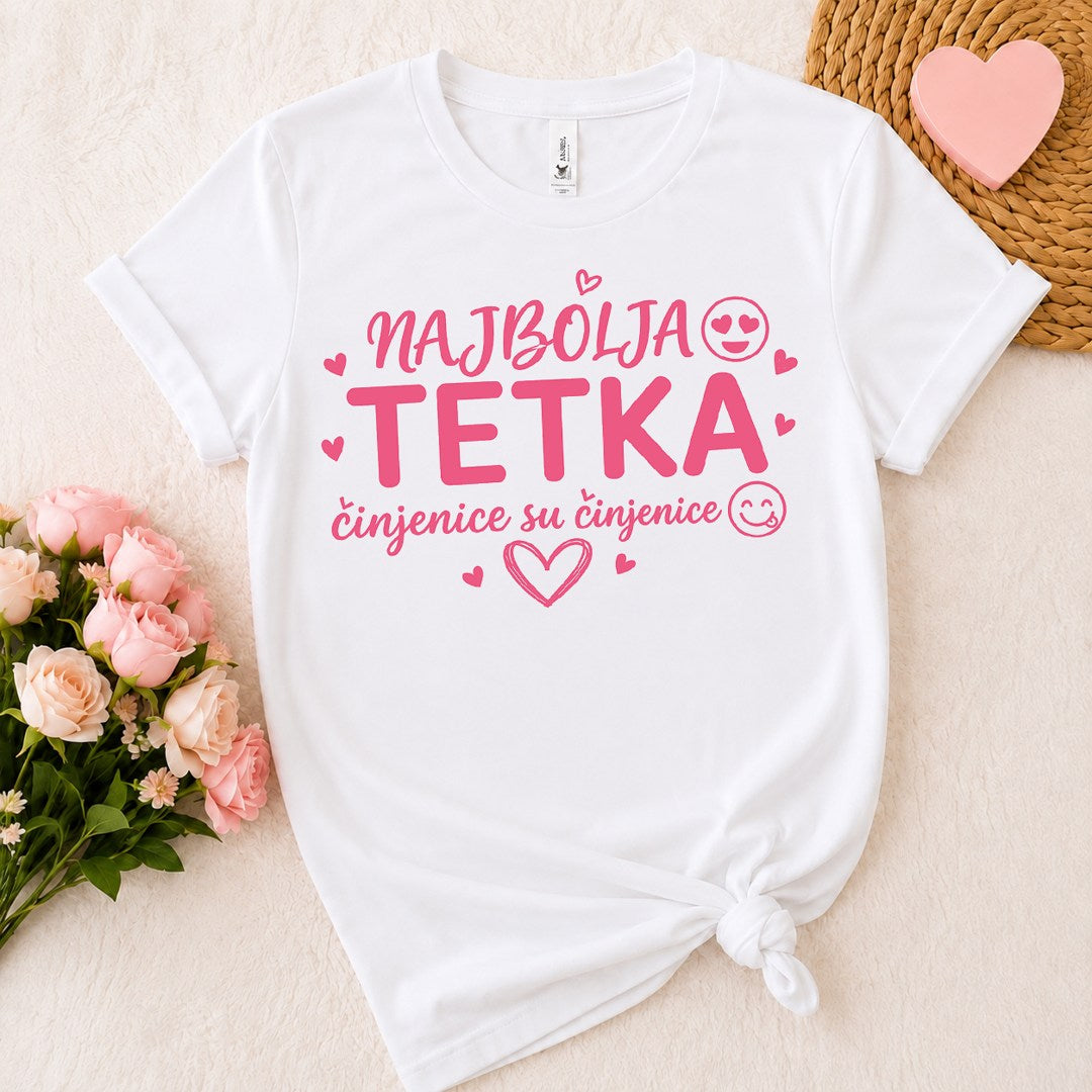 Ženska majica „Najbolja tetka – činjenice su činjenice“ roze