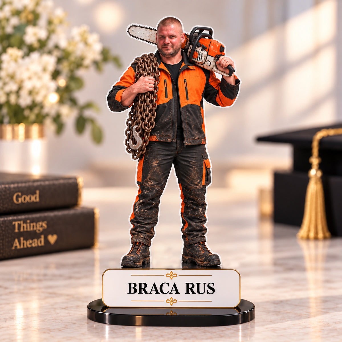 2D personalizovana figura drvoseče od opal klirita sa postoljem i natpisom BRACA RUS
