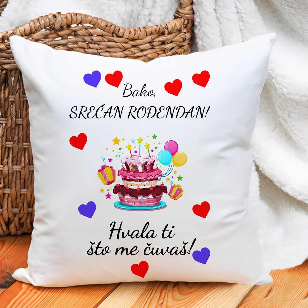 Jastuk „Bako, srećan rođendan – hvala ti što me čuvaš“