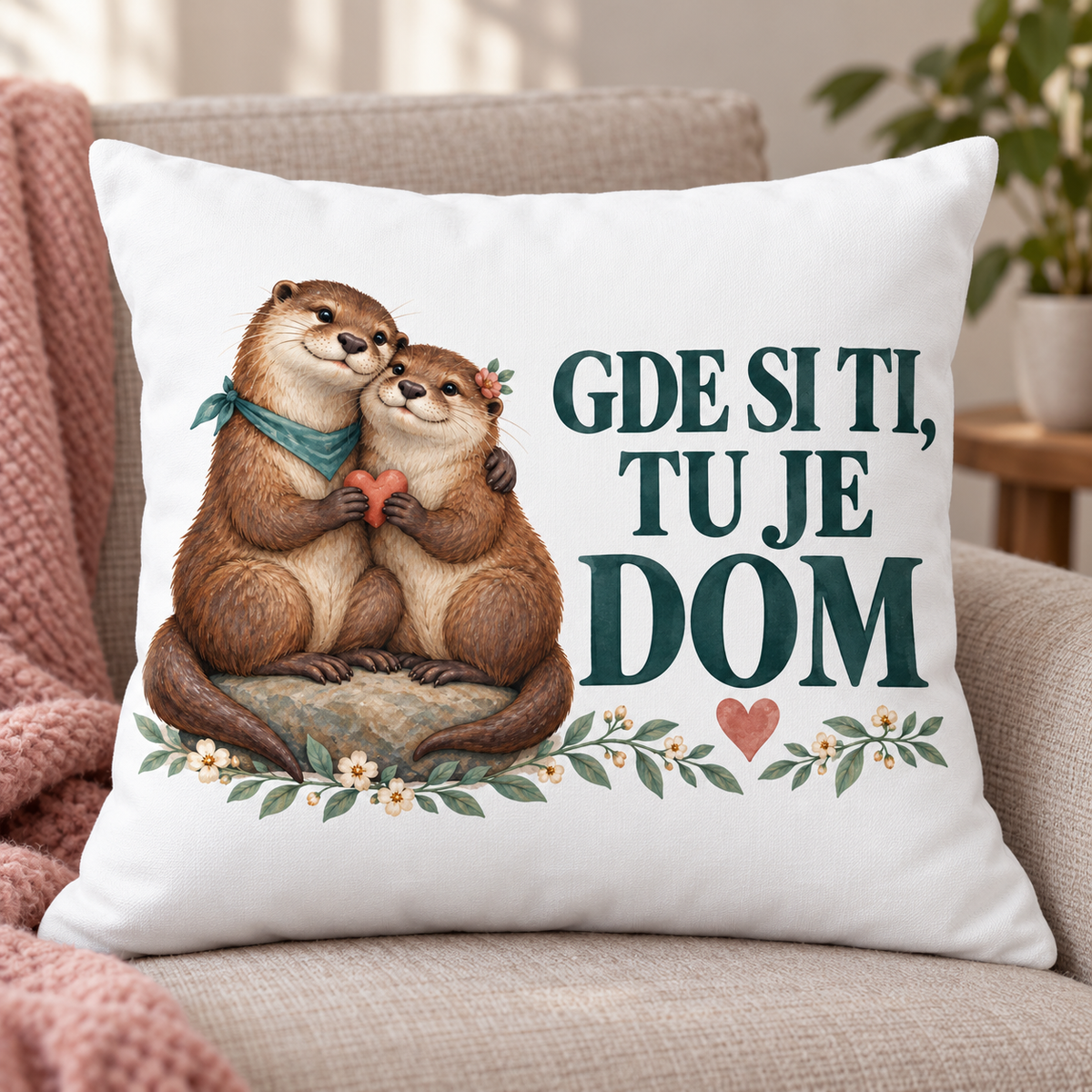 Beli jastuk sa zagrljenim vidrama i natpisom Gde si ti, tu je dom