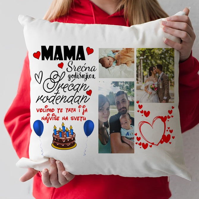 Personalizovani jastuk za mamu sa fotografijama i porukom za rođendan i godišnjicu