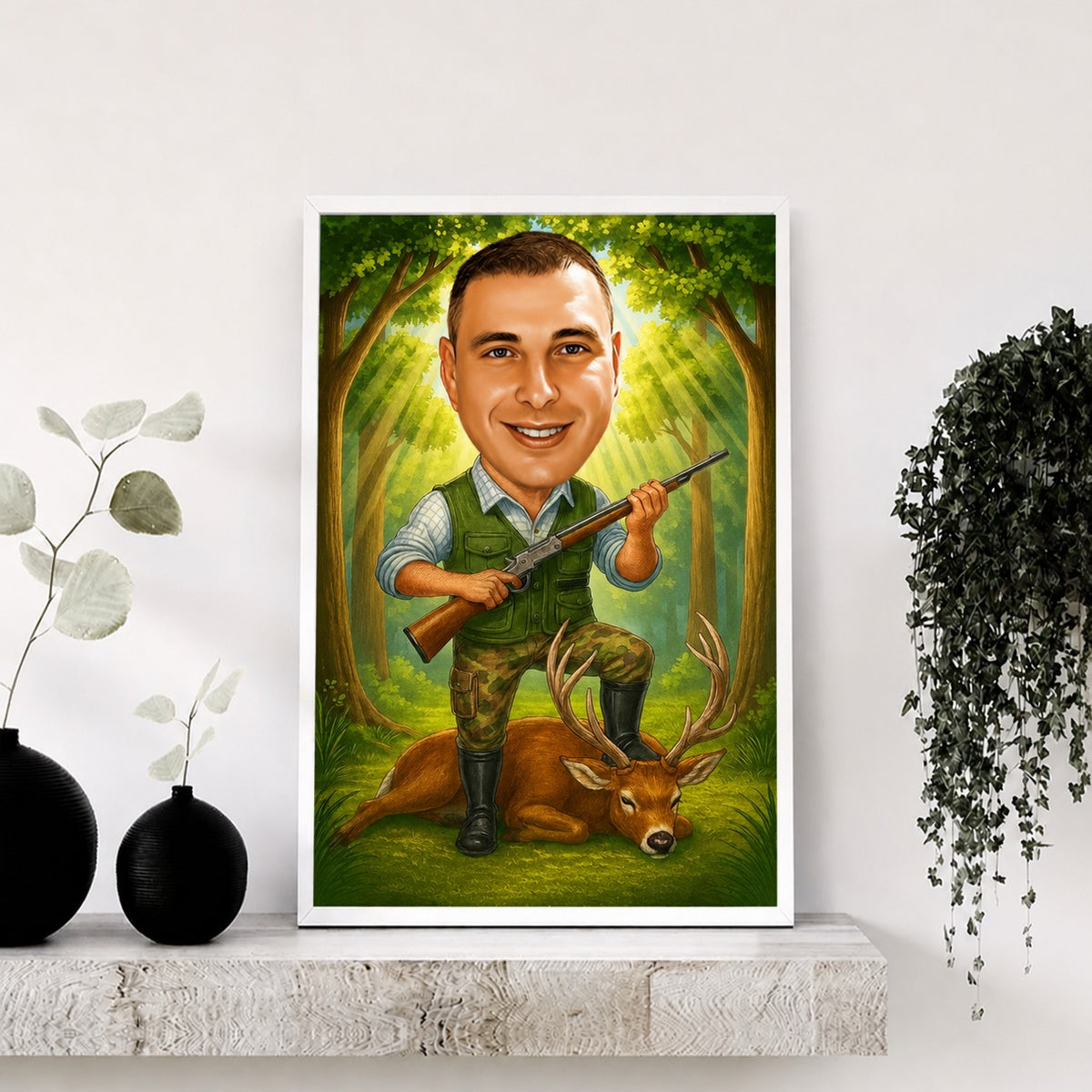 Lovac sa jelenom u šumi – personalizovana karikatura