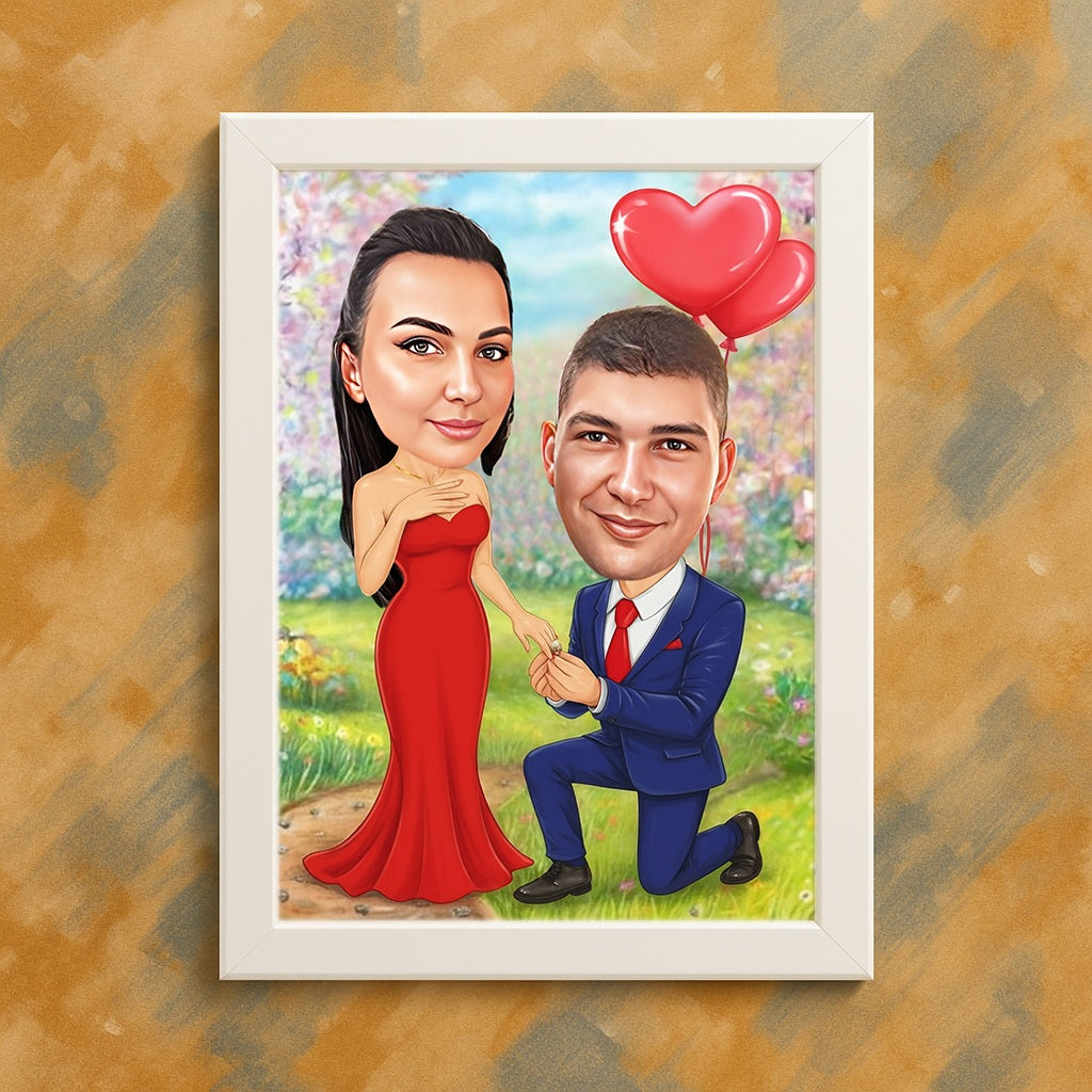 Ljubavna prosidba sa balonima srca – personalizovana karikatura