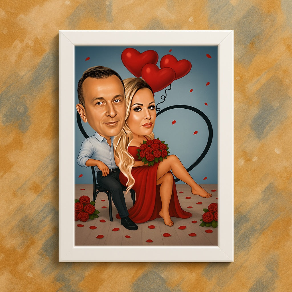 Ljubavni par sa ružama i srcima – personalizovana karikatura