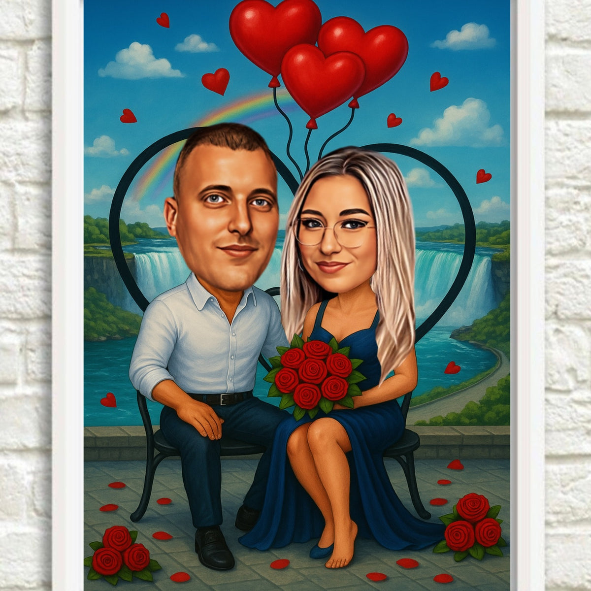 Ljubavni par na Nijagarinim vodopadima – personalizovana karikatura