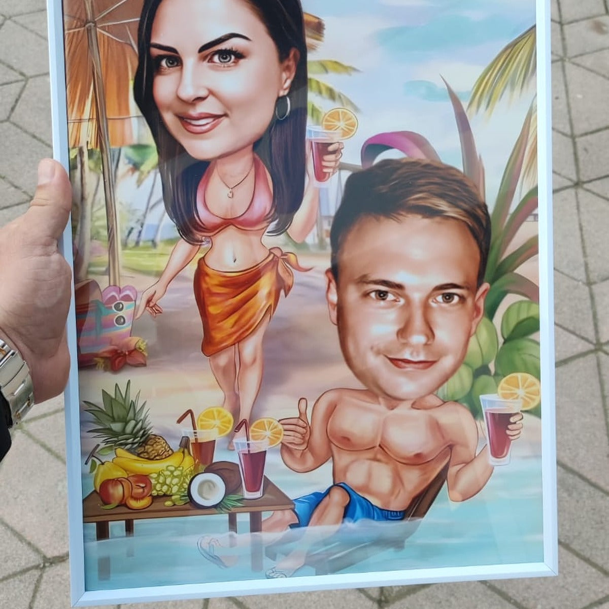 Letnja ljubavna karikatura para na plaži – personalizovani poklon