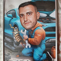 Karikatura automehaničara uz automobil – personalizovani poklon