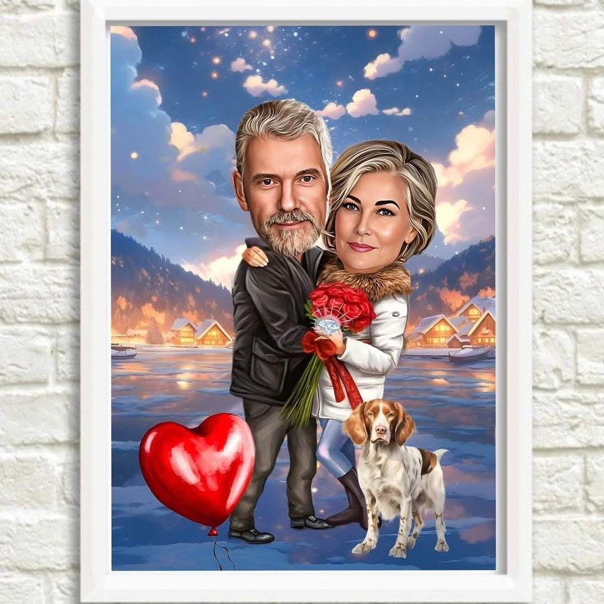 Zimska ljubavna karikatura para sa psom – personalizovani poklon