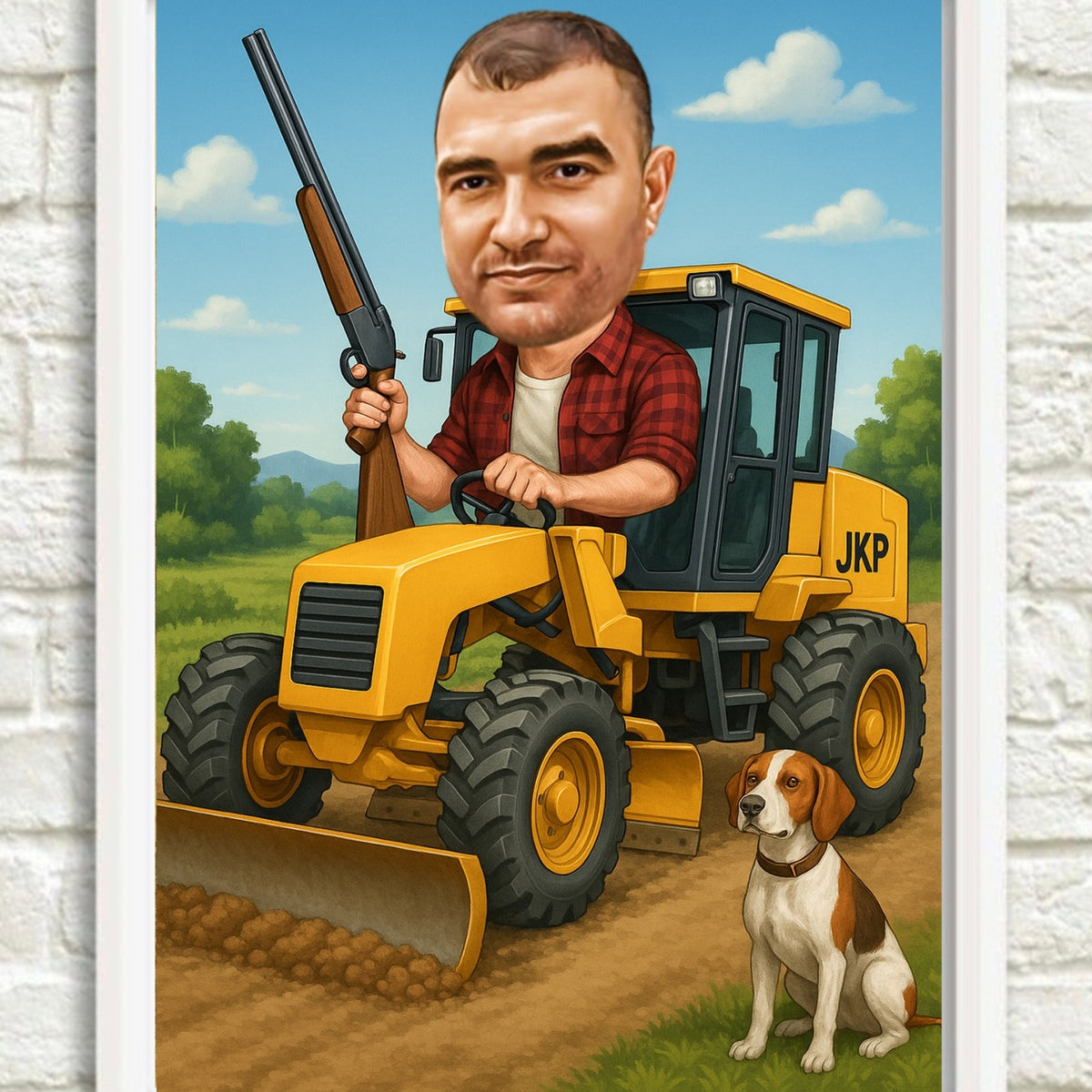 Vozač gredera i lovac sa psom – tematska karikatura