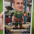 Majstor Laza – automehaničar u radionici – tematska karikatura