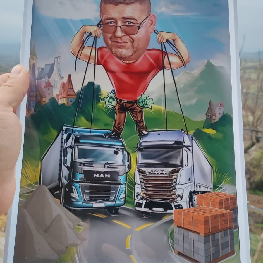 Vozač kamiona sa MAN i Scania kamionima – tematska karikatura