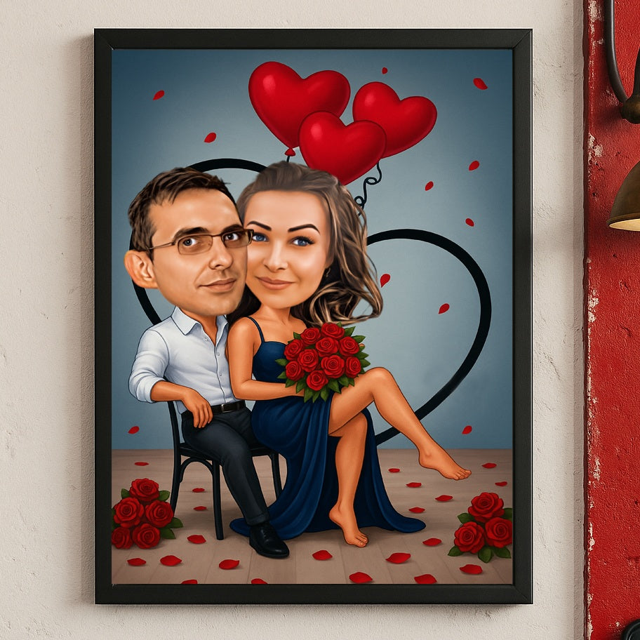 Ljubavni par sa srcima i ružama – tematska karikatura
