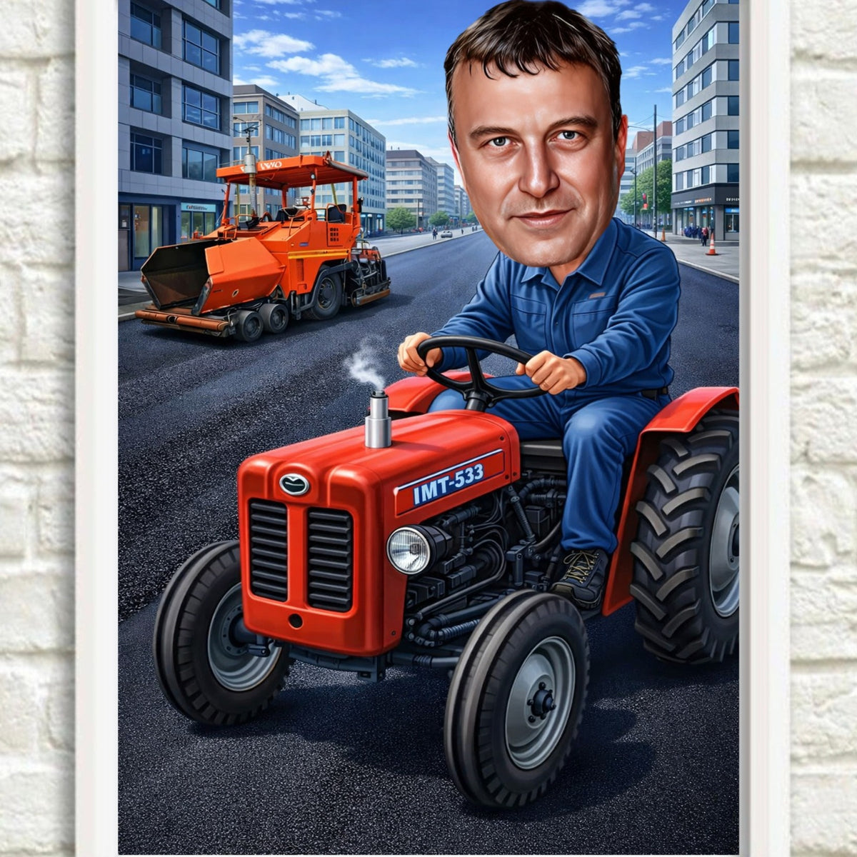 Traktor i mašina za asfaltiranje – tematska karikatura