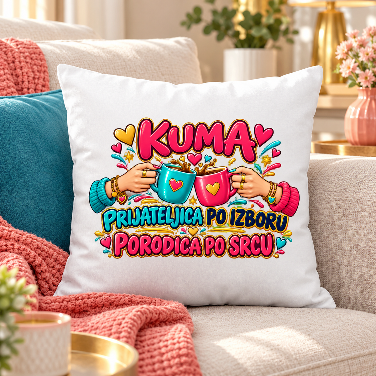 Beli jastuk sa natpisom Kuma, prijateljica po izboru, porodica po srcu i dve šoljice u zdravici