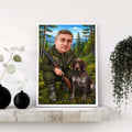 Tematska karikatura lovca u šumi sa lovačkim psom ptičarem