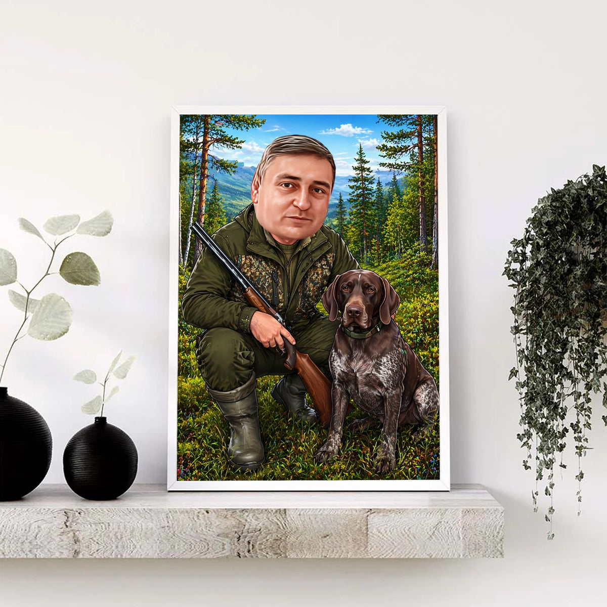 Tematska karikatura lovca u šumi sa lovačkim psom ptičarem