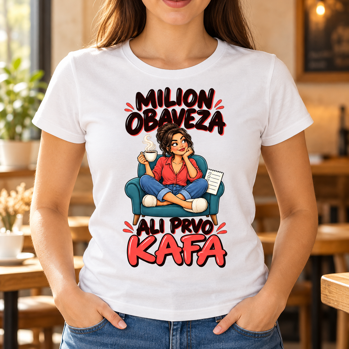 Bela ženska majica sa natpisom Milion obaveza, ali prvo kafa i ilustracijom žene sa šoljicom u tirkiznoj fotelji