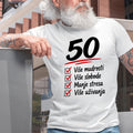 Muška bela majica za 50. rođendan sa natpisom više mudrosti, više slobode, manje stresa, više uživanja