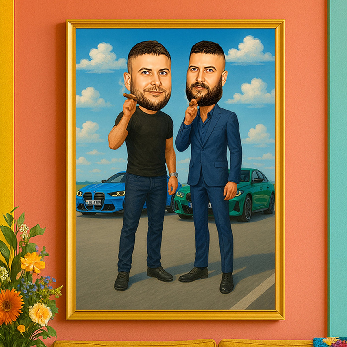 Personalizovana karikatura dvojice muškaraca sa automobilima
