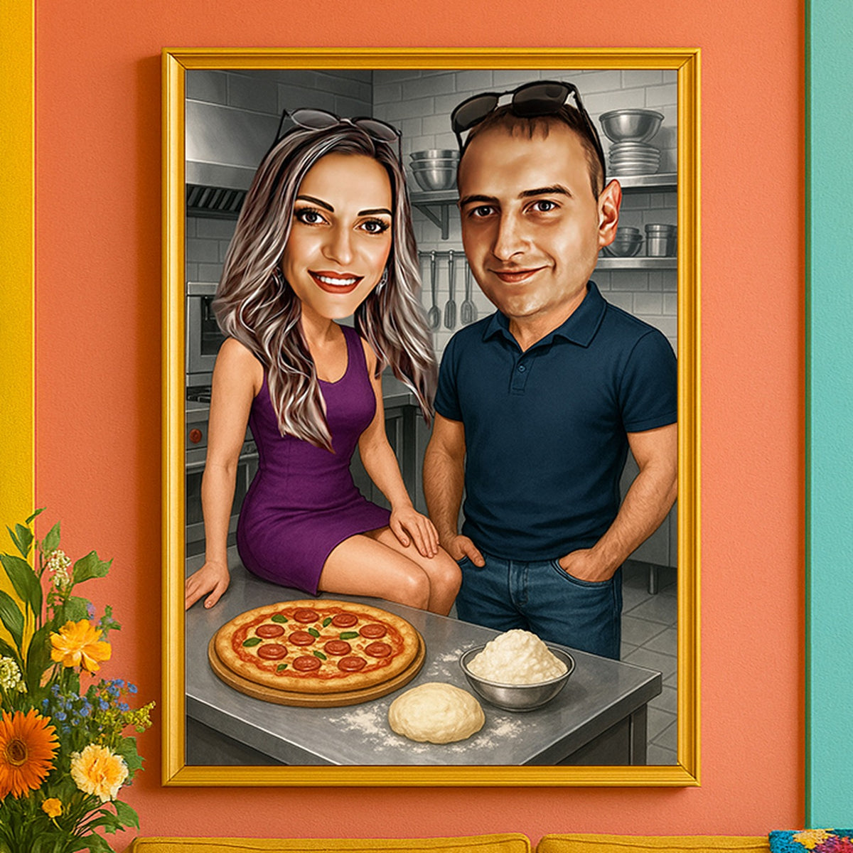 Personalizovana karikatura para u kuhinji sa picom