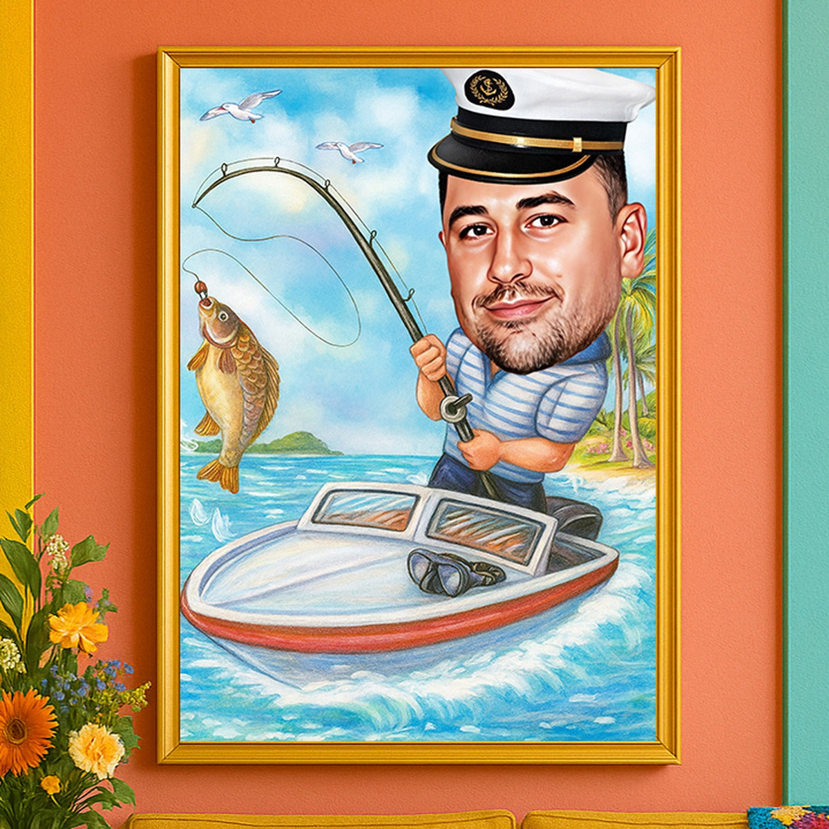 Personalizovana karikatura ribolovca na čamcu