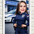 Tematska karikatura policajke ispred policijske stanice