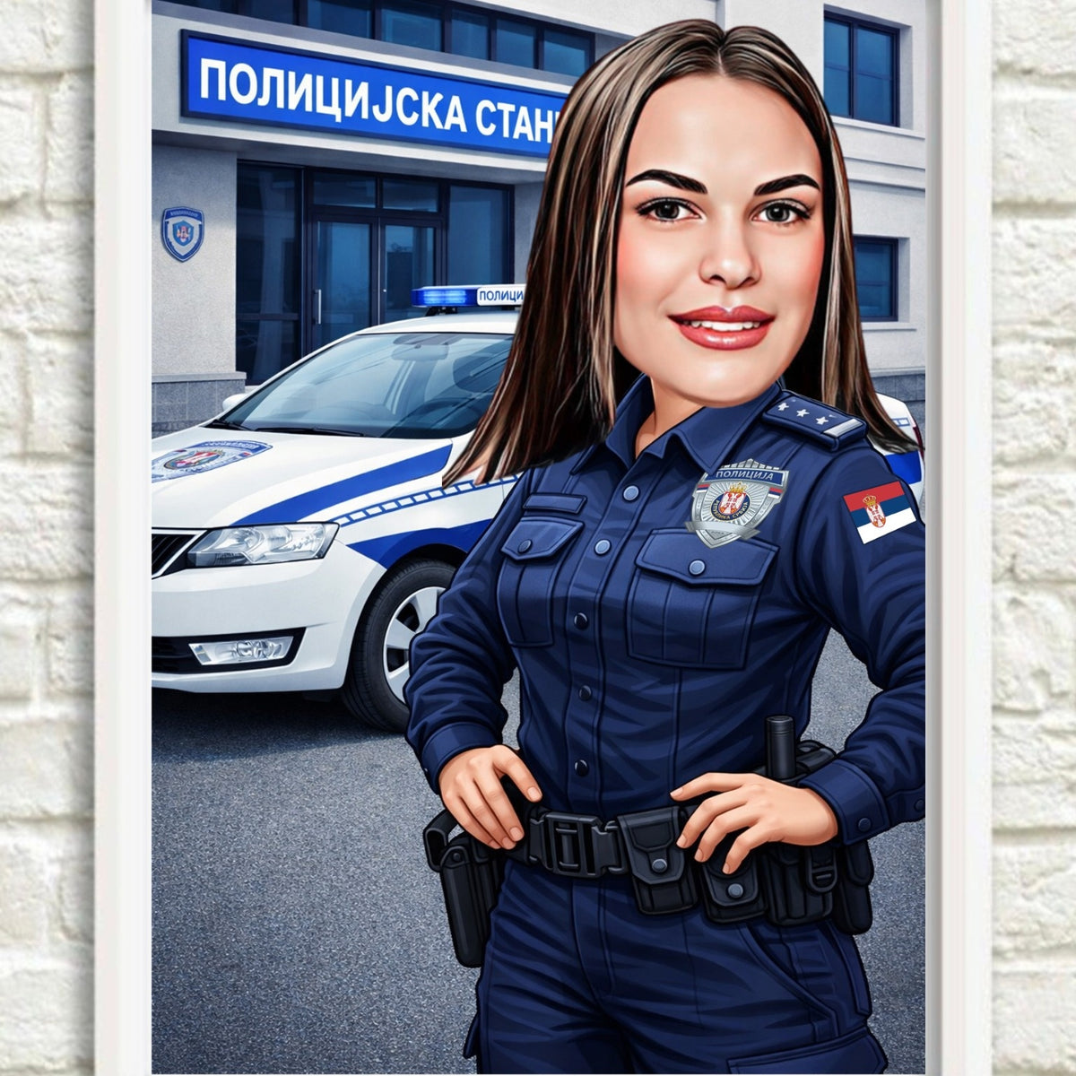 Tematska karikatura policajke ispred policijske stanice