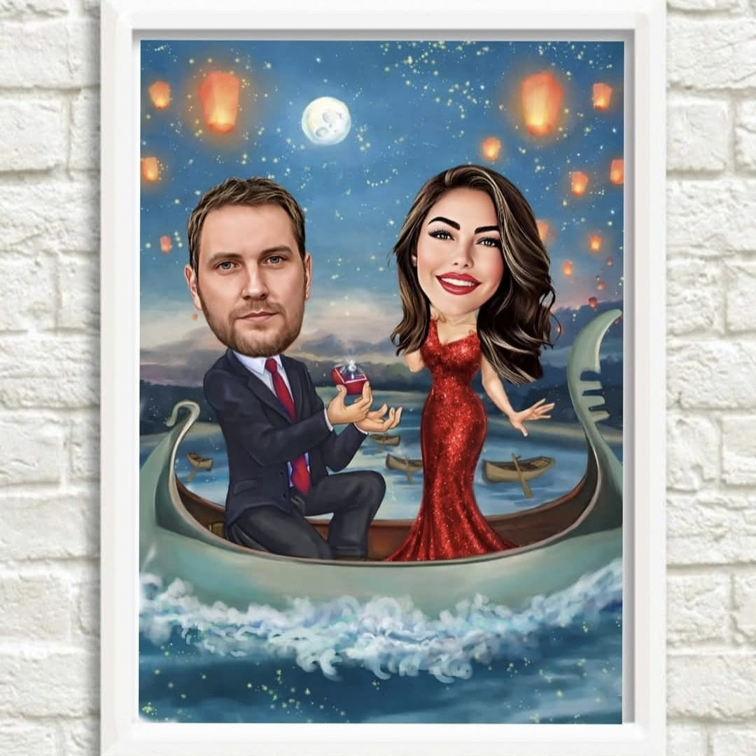 Ljubavna tematska karikatura prosidbe u gondoli