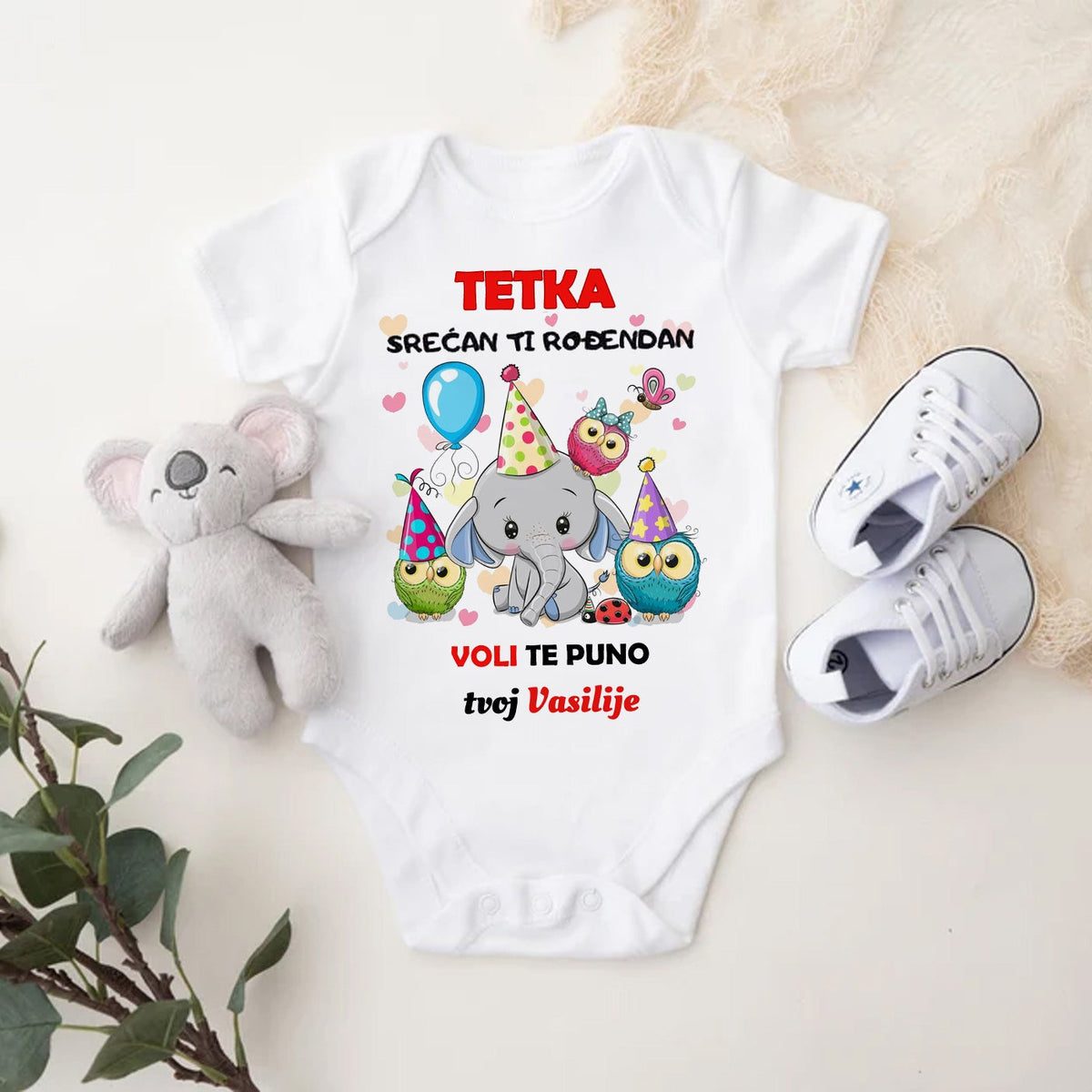 Beli personalizovani bodić za bebe sa natpisom Tetka srećan ti rođendan i imenom po želji