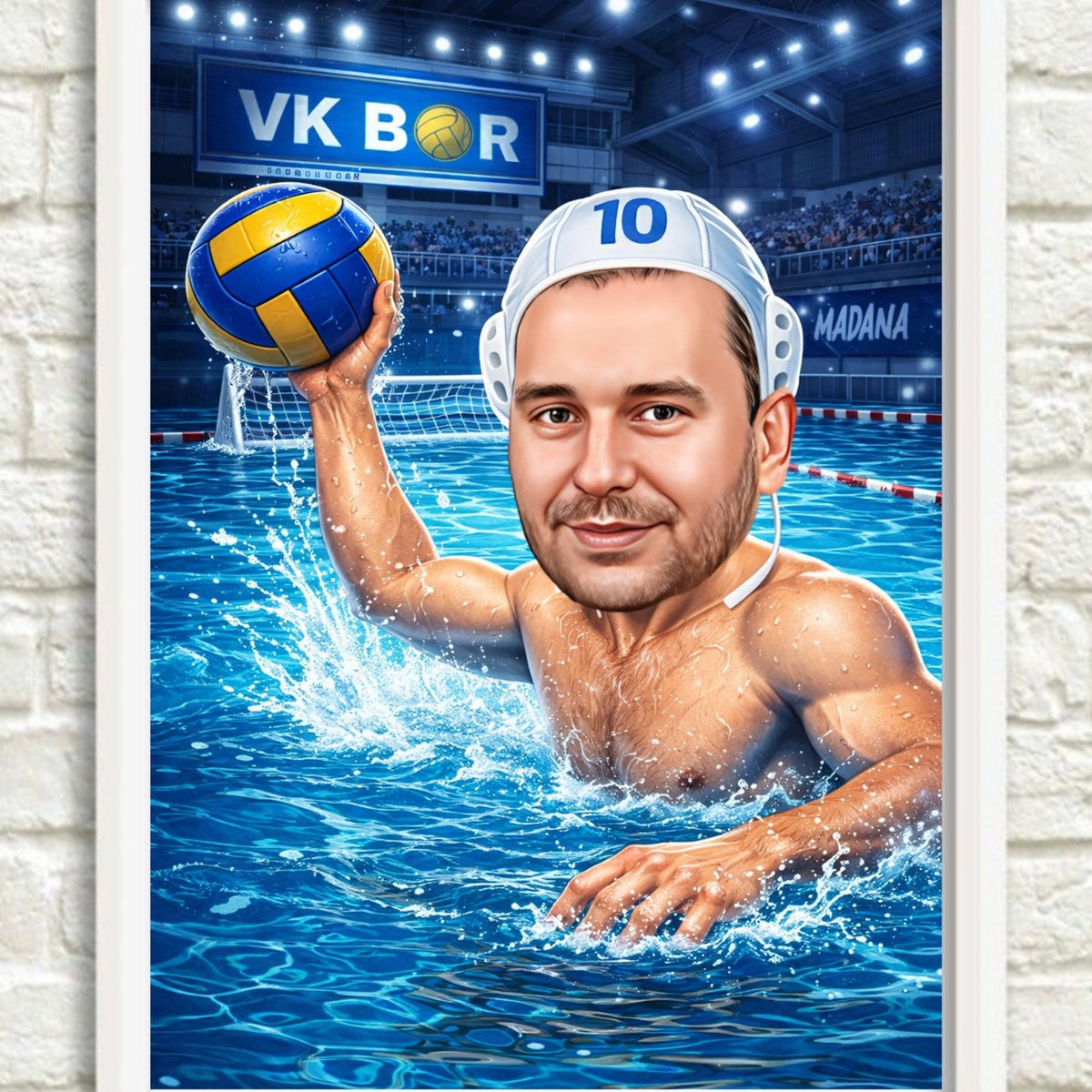 Tematska karikatura vaterpoliste sa loptom i kapicom VK Bor